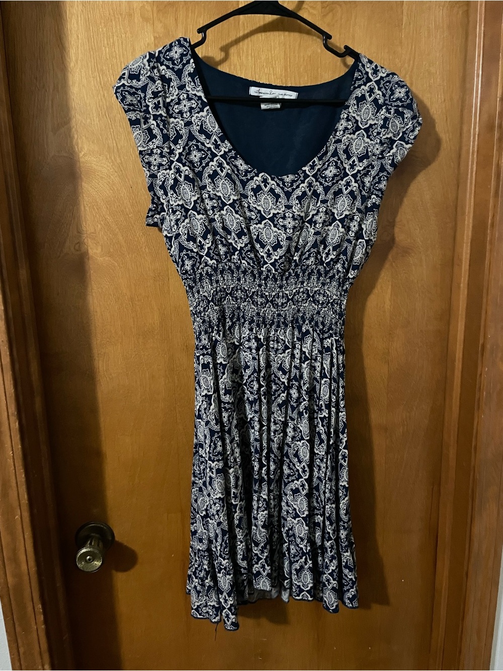 American Rag Navy and White Patterned Smocked Midi Dress